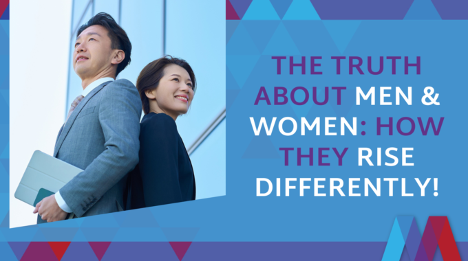 Two Smiling Business Professionals - A Man In Gray Suit And Woman In Navy Blazer - Looking Upward Optimistically, With Text 'The Truth About Men & Women: How They Rise Differently!'
