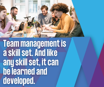 Graphic with a stock photo of a diverse team collaborating at a table with laptops in a bright office space. The right side features blue and purple geometric triangles with white text overlay reading: 'Team management is a skill set. And like any skill set, it can be learned and developed.' Mosaic People Development branding.