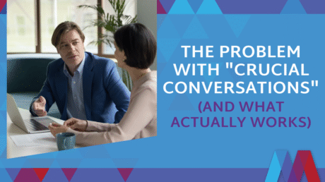 Professional Business Meeting Photo With Man And Woman Discussing At Laptop. Blue Geometric Background With Text: The Problem With 'Crucial Conversations' (And What Actually Works). Mosaic People Development Logo In Corner.