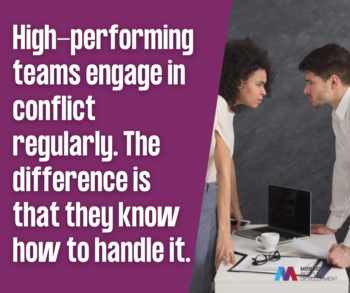 High-performing teams engage in conflict regularly - workplace conflict management and leadership development graphic