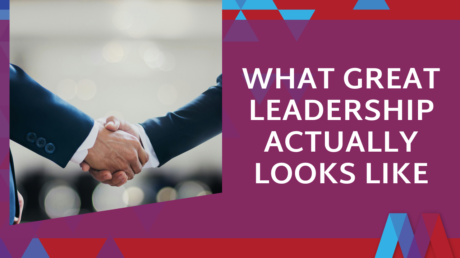 Graphic With The Text "What Great Leadership Actually Looks Like" On A Purple Background With Mosaic People Development Brand Colours