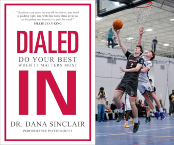 Book cover of Dialed In: Do Your Best When It Matters Most by Dr. Dana Sinclair beside a photo of a basketball player reaching for a layup during a competitive game