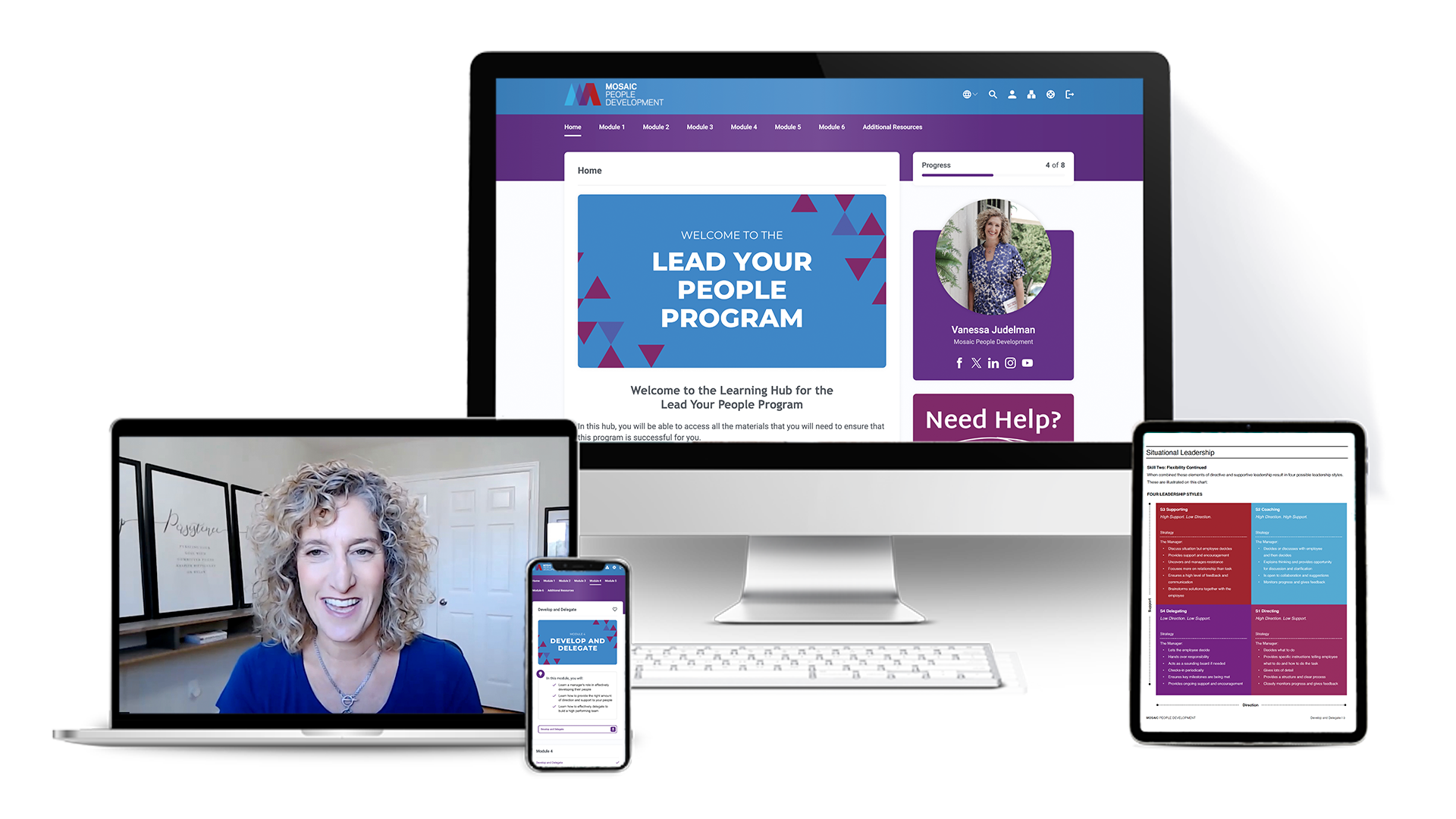 Lead Your People Program Learning Hub Shown Across Desktop, Laptop, Tablet, And Phone Screens, Displaying The Welcome Page, Vanessa Judelman's Video Lesson, Module Navigation, And A Situational Leadership Styles Chart