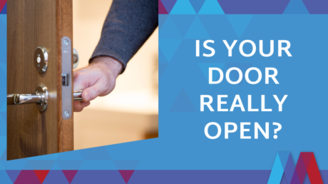 Blog Header Graphic With The Text "Is Your Door Really Open?" Beside An Image Of A Hand Opening A Door, With Mosaic People Development Geometric Branding